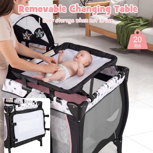 Image of BABY JOY 4 in 1 Pack and Play, Portable Baby Playard with Bassinet, Adjustable Canopy, Changing Table, Lockable Wheels, Music Box, Travel Baby Crib Bassinet from Newborn to Toddler