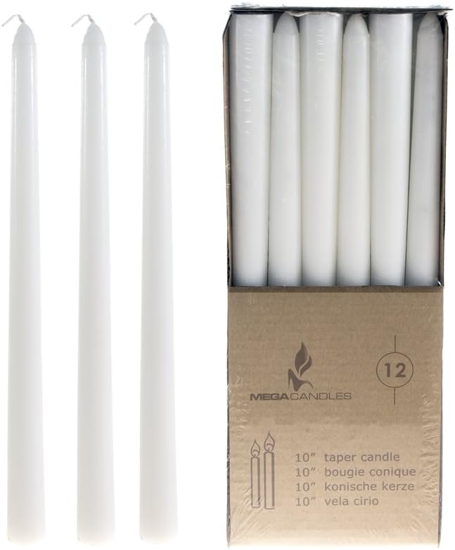 Mega Candles 12 pcs Unscented White Taper Candles, Hand Poured Wax Candle 10 Inch x 7/8 Inch, Home Décor, Wedding Receptions, Centerpieces, Occasions, Romantic Dinners, Prayer, Candle Holders
