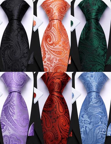 Image of Barry.Wang 6 PCS Men Ties Set Silk Business Fashion Woven Necktie Handkerchief Cufflinks Paisley Stripe Wedding Party