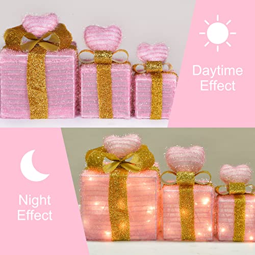 Pink Christmas Decorations For Indoor Outdoor, Christmas Lighted Gift Boxes, Pink Room Decor For Bedroom, 60 Led Light Up Pink Gifts Battery Operated For Christmas Tree, Wedding, Patio, Set Of 3 #TOP2