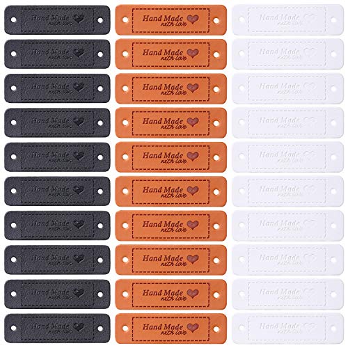 Xuniea 30 Pieces Handmade with Love Heart PU Leather Tags Labels with Holes for DIY Craft Sewing Crochet Knitting Hats Supplies