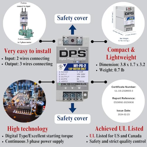 Image of DPS Single to 3 Phase Converter, My-PS-2 Model is Used for a 1HP(0.75kW) 3Amps 200-240V 3 Phase Motor, Input /Output 200V-240V, UL /CE Certified