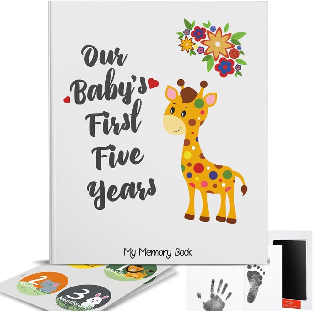Novarena First 5 Years Baby Memory Book Journal Scrapbook 48 Pack Monthly Milestones Stickers & Clean-Touch Baby Safe Ink Pad — 사진 1