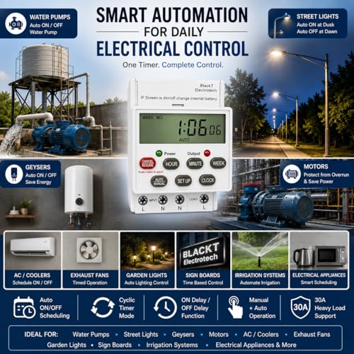 Image of BlackT Electrotech BT41D5 Digital Timer Switch 30A, 230V | Programmable Timer with 24 ON /Off Programs, Cyclic & Manual Start /Stop Delay | for Geyser, Water Pump, Lights, and Motors