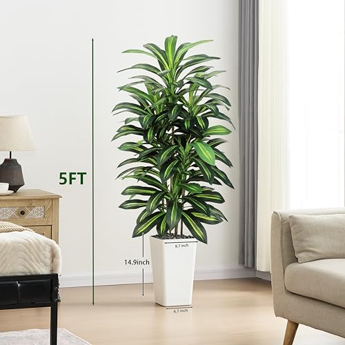 Image of Artificial Dracaena Tree Indoor, 5FT Tall Fake Floor Plants with White Planter, Faux Silk Yucca Tree for Home Office Living Room Bedroom Farmhouse Modern Outdoor Topiary Tree