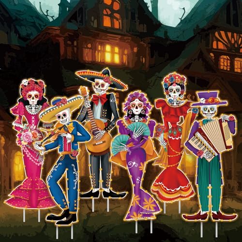 Tioncy 6 Pcs Day of The Dead Yard Decorations Outdoor Dia De Los Muertos Outside Yard Signs with Stakes String Lights Halloween Sugar Skull Couple Skeleton Decor for Mexican Fiesta Party Lawn Garden