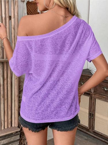 Image of Hilinker Women's Sheer Off The Shoulder Tops See Through Sexy Short Sleeve Mesh Shirt Summer