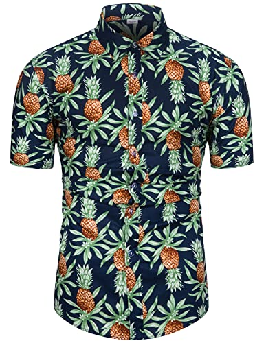 fohemr Hombres Camisas Hawaianas Manga Corta Vacaciones Verano Aloha Playa Hawaii Piña Azul Marino Small