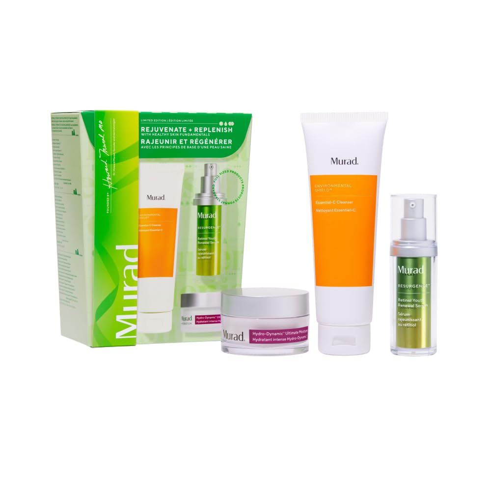 Murad Rejuvenate + Replenish Your Skin, 3-Piece Full Sized Set, Regimen for Total Skin Health, Essential-C Cleanser 148 ml, Retinol Serum 30 ml, Hydro Dynamic Moisture 50 ml
