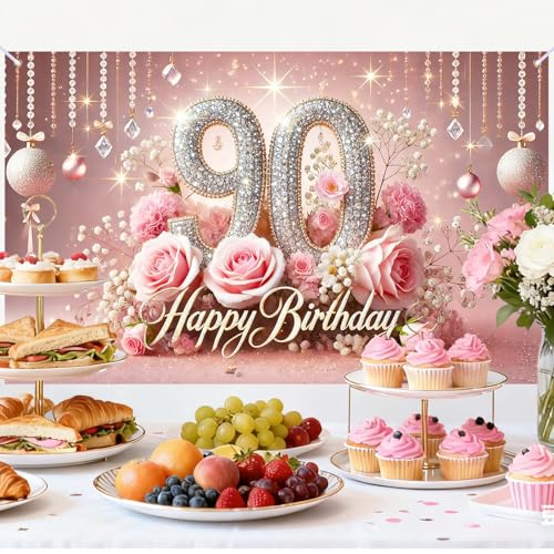 Image of Nuxovilar 90th Birthday Banner - Elegant Pink & Gold Floral Backdrop | with Glitter inch90 inch Sign, 71x43 Inch Large Party Decor for Women & Men, Reusable Indoor /Outdoor Hanging