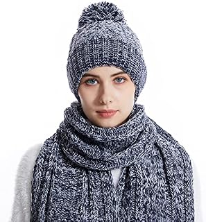 Lantra Besa Womens Hat Scarf and Gloves Set Ladies Knitted Cold Weather Set Thmernal Fleece Lined Winter Warm in Navy Blue Gray 66