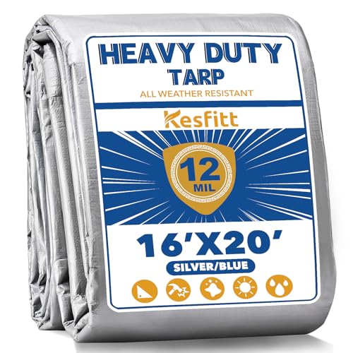Kesfitt 12 Mil Heavy Duty Waterproof Tarp with Metal Grommets 16x20 ft Silver & Blue Reversible Poly Tarp for Outdoor Protection Yard Worksite Pools Vehicles Equipment Coverage