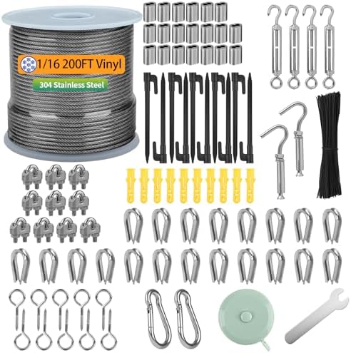 1/16" Wire Rope Kit, 200FT Vinyl Coated Stainless Steel Wire, Turnbuckles for Cables Hanging, 304 Coated Steel Cable Guide Wires for Outdoor String Lights, Clothesline, Garden, Curtain, Hanging