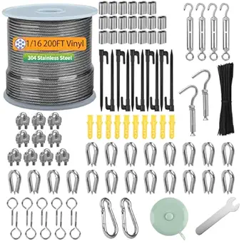 1/16" Wire Rope Kit, 200FT Vinyl Coated Stainless Steel Wire, Turnbuckles for Cables Hanging, 304 Coated Steel Cable Guide Wires for Outdoor String Lights, Clothesline, Garden, Curtain, Hanging