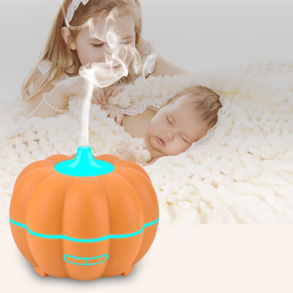 Halloween Pumpkin LED Humidifier 400ml Mini Cool Mist Spray Essential Oil Diffuser Air Aroma Diffuser with 7 Soothing Colors Night Light for Home Office (Yellow, One Size)