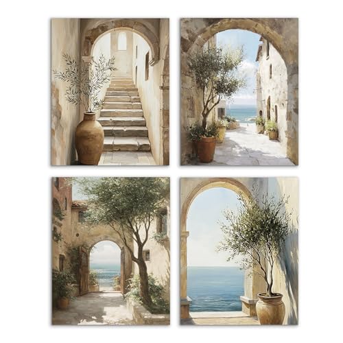 AJIPUX Mediterranean Archway Olive Tree Wall Art Prints Set of 4, Neutral Modern...