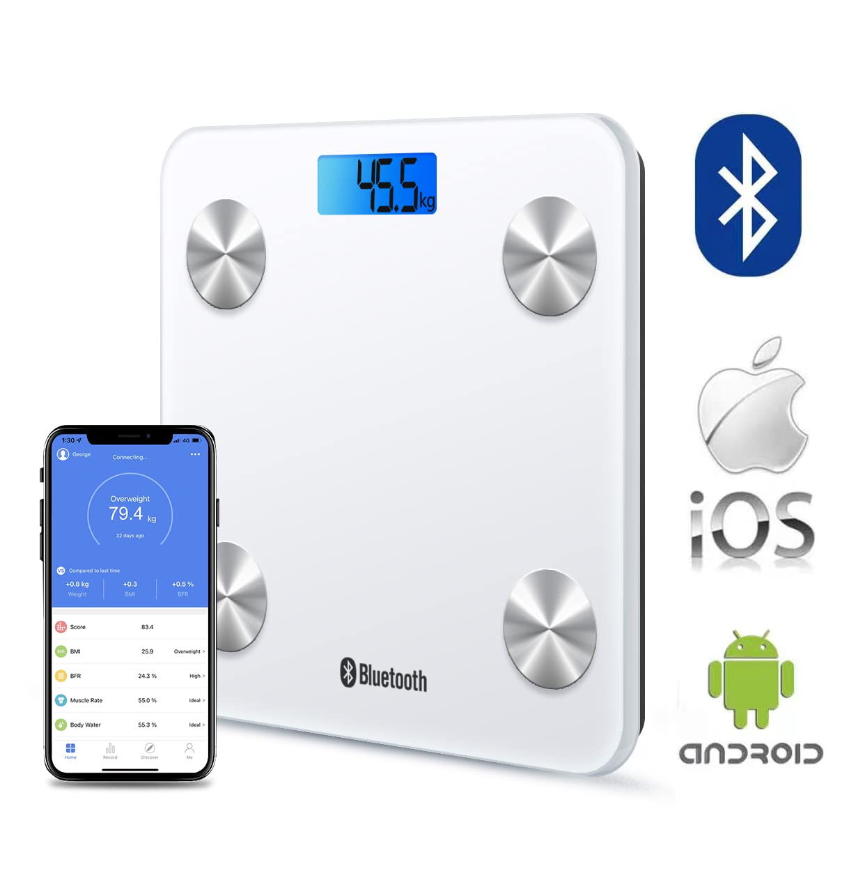 HF Bilancia Pesapersone, Professionale Impedenziometrica Bluetooth Digitale con App Misura Peso Corporeo, Massa Grassa, BMI, Massa Muscolare, Massa Ossea, Proteine (Bianco con retroilluminazione blu)