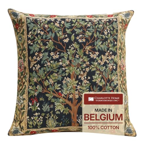 Charlotte Home Furnishings Inc Tapestry Tree of Life Blue Throw Pillow Covers 18x18, European 100% Cotton Jacquard Woven Fabric, Boho & Vintage Inspired Decorative Cushion for Living Room and Sofa
