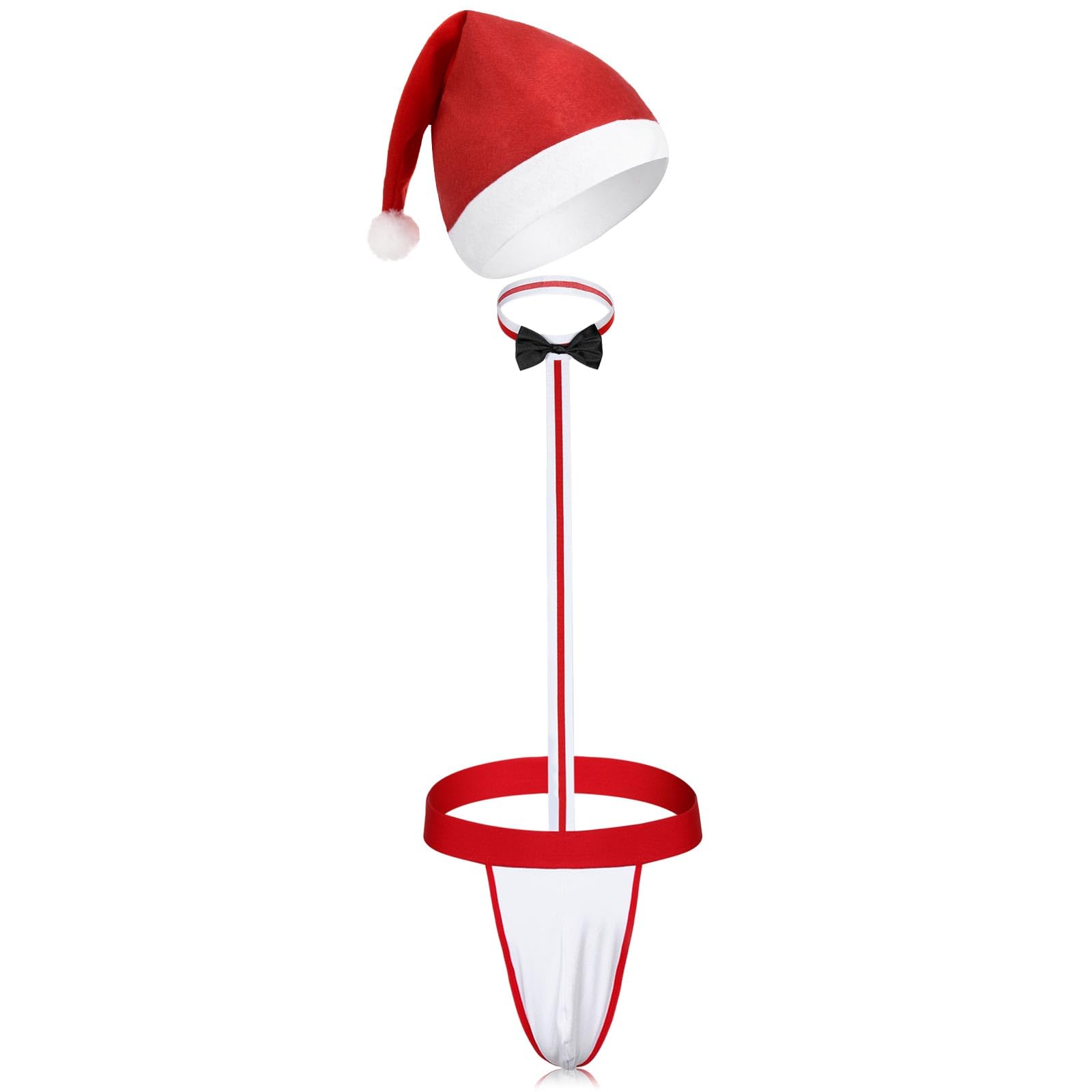 Hestya 2 Pcs Christmas Hat Set Adults Xmas Santa Bodysuit with Hat for Men Funny Christmas Outfits Costumes One Size(Red,Black Bow)