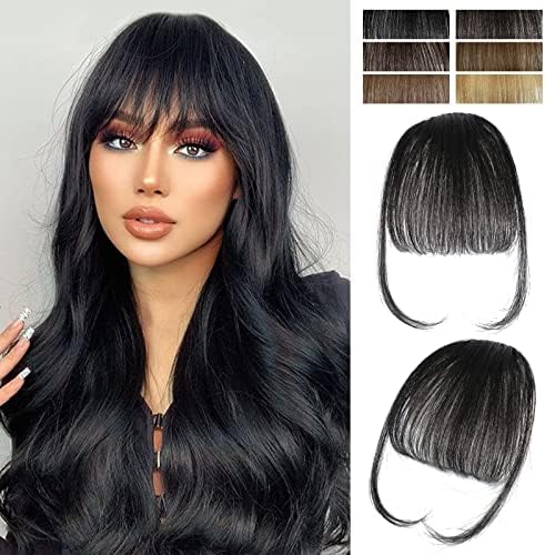 VERNA Bangs Hair Clip in Bangs - 100% Real Human Hair Bangs Clip in Hair Extensions, Easy to Use Fake Bangs Natural Clip on Bangs Black See-Through Thin Wispy Bangs for Daily Wear (1B, Natural Black)