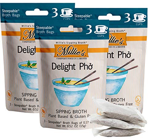 MILLIE'S SIPPING BROTH Steepable Sipping Broth with Vegetables, Basil, Onion and Red Peppers for Snack Urges | Vegan, Keto, Gluten Free, Intermittent Fasting, and natural | (Delight Pho) (9 Pack)