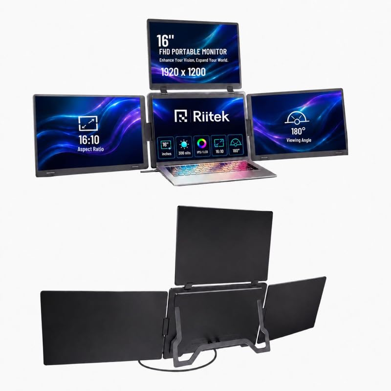Image of RIITEK 16 inch Quad Monitor Laptop Screen Extender - Portable FHD 1200P IPS Monitor with 1 Cable Connection Compatible with Window (10,11) / Mac (M1 M2 M3) for 12 inch -18.5 inch Laptop