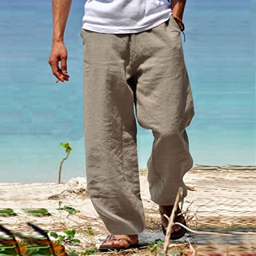 Mens Cotton Linen Pants Loose Wide Leg Beach Yoga Trousers Elastic Waist Drawstring Breathable Pants with Pockets2