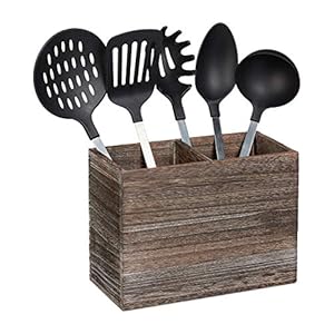 Relaxdays keukengerei houder, 2 vakken voor keukengereedschap & bestek, HBD: 17x24x12 cm, houder van hout, donkerbruin