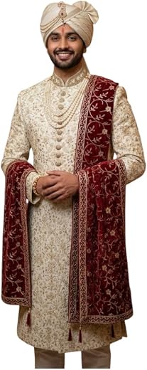 Men's Maroon Velvet Embroidered Sherwani Dupatta with Golden Zari Work, Traditional Wedding Stole