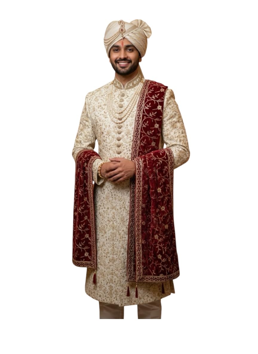Men's Maroon Velvet Embroidered Sherwani Dupatta with Golden Zari Work, Traditional Wedding Stole