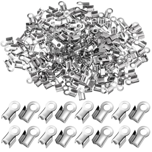 200 Pieces Fold Over Cord Ends, Cord Crimp Tips Leather Ribbon Clamp Clasp Jewelry Connector for Jewelry Making, Necklace Cords, DIY Craft