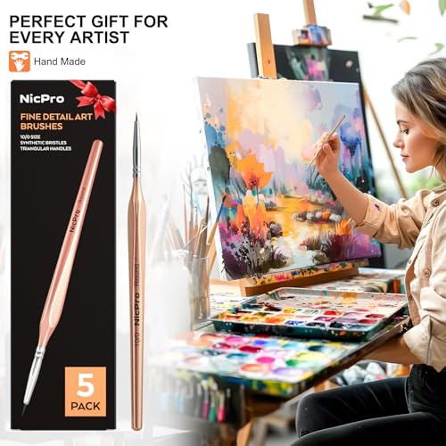 Image of Nicpro Detail Paint Brushes 5 PCS Aesthetic Extreme Fine Tip 10 /0 Professional Miniature Painting Artist Brush Set for Micro Watercolor Oil Acrylic Craft Models Rock Army Paint by Number for Adult