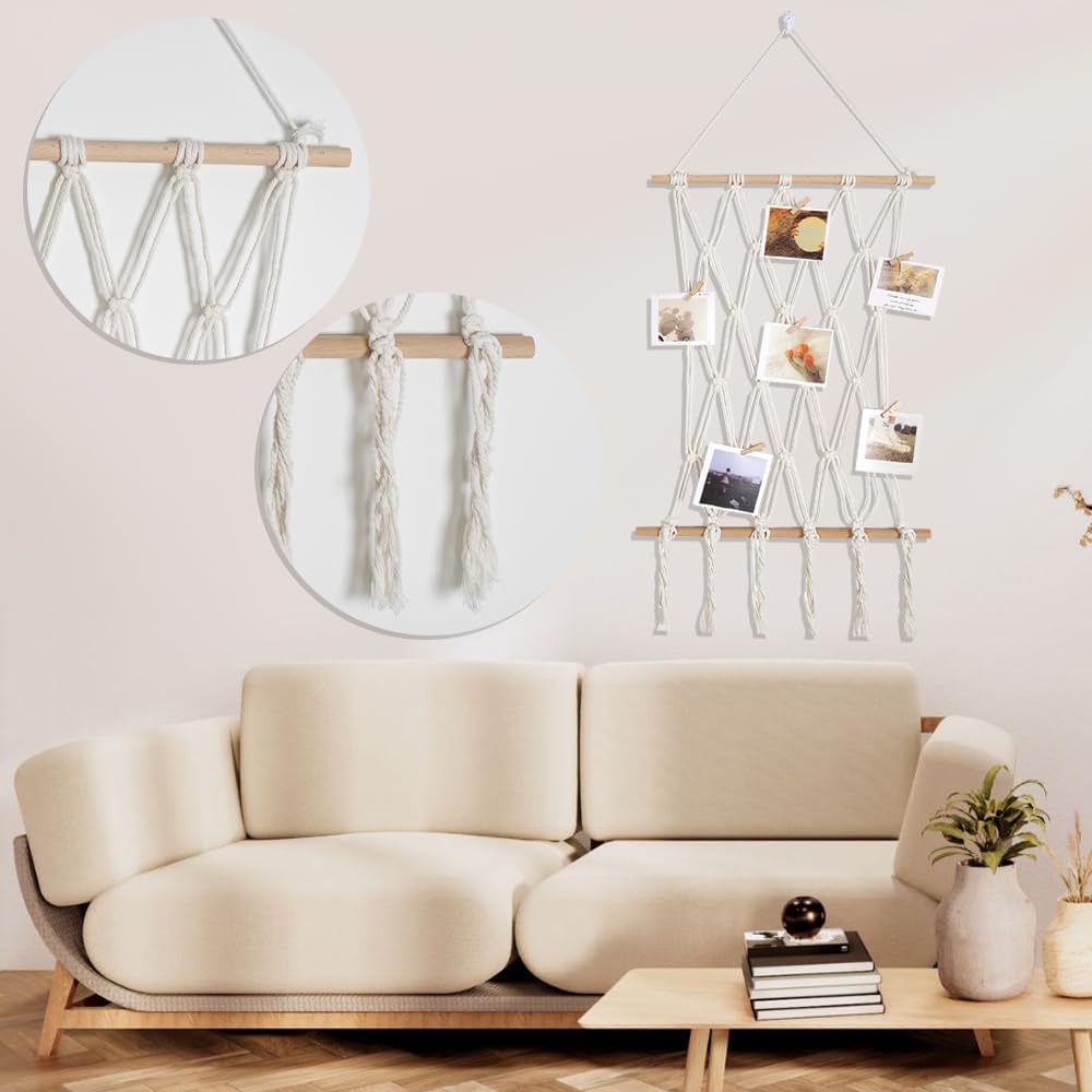 Hanging Photo Display Boho Macrame Wall Decor, Room Bedroom Decor, Picture Frame Collage Board with Clips Teenage Teen Girl Gifts