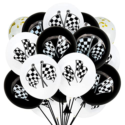 30 Suministros ​para Fiestas de Autos de Carreras, Carreras Banderas a Cuadros Globos, Globo de patrón de coche, Globo de carreras de niño, para Niños Autos de Carreras Suministros de Fiesta Temática Cover