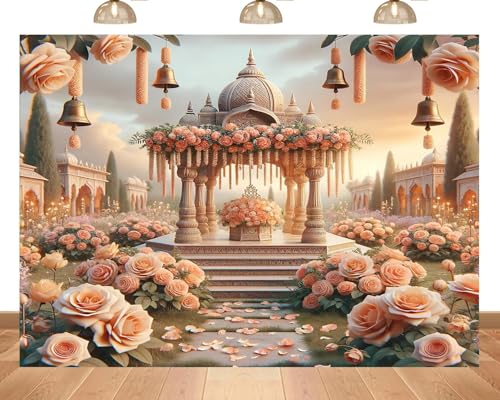 PEKRU 7x5ft Fabric Indian Palace Wedding Backdrop Soft Peach Pink Rose Garden Creates Gorgeous Temple Mandala Wedding Scene Also for Travel Portrait Photos Studio Photography Props
