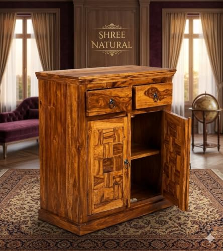 Image of Solid Sheesham Wood Multipurpose Sideboard Storage Cabinet with 2 Drawers & 2 Door for Home | Kitchen Cabinet for Living Room Furniture (Honey)