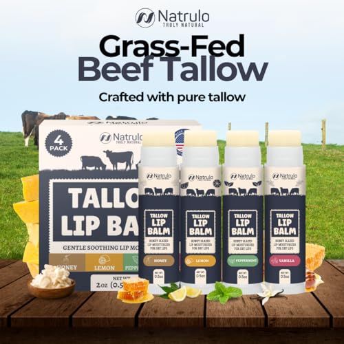 Natrulo Beef Tallow Lip Balm – Natural Tallow Beeswax Chapstick – Hydrating Grass Fed Beef Tallow Honey Balm Lip Care – Soothes Chapped Dry Sensitive Lips – Long Lasting Vitamin Rich USA-Made Variety Pack