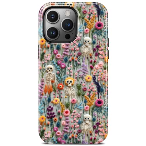 Coque iPhone 14 Pro fleur squelette MagSafe antichoc pour style tendance Halloween