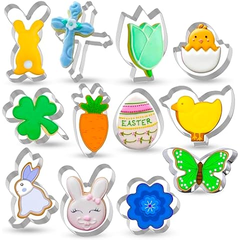 Riccle Easter Cookie Cutters - 12 Pcs Bunny Cookie Cutter - Stainless Steel Easter Egg Cookie Cutters - Spring Cookie Cutters Set - Easter Bunny Cookie Cutter for Holiday Themed Party - Rabbit Chick Cover