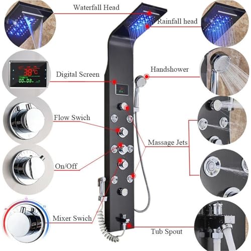 Robinet de douche cascade anti-calcaire LED Gold 8009 à jets muraux relaxants