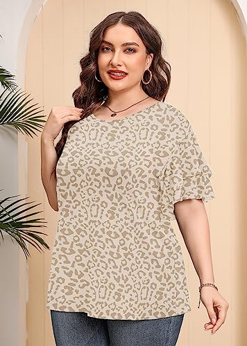 AusLook Plus Size Casual Tops For Women Pink Leopard Brown 3X Tunic Double Ruffle Short Sleeve Blouses Crewneck Clothing Tee Ladies Flowy Casual Loose Fit Outfits Maternity Summer Clothes — view 3