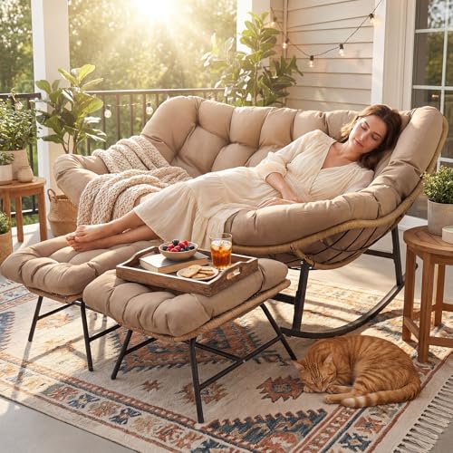 Image of NICESOUL Oversized Double Rocking Papasan Chair with Cushion, 2 Person Big Wicker Outdoor Comfy Recliner, Large Heavy Duty 700 lbs Loveseat for Patio, Balcony, Backyard