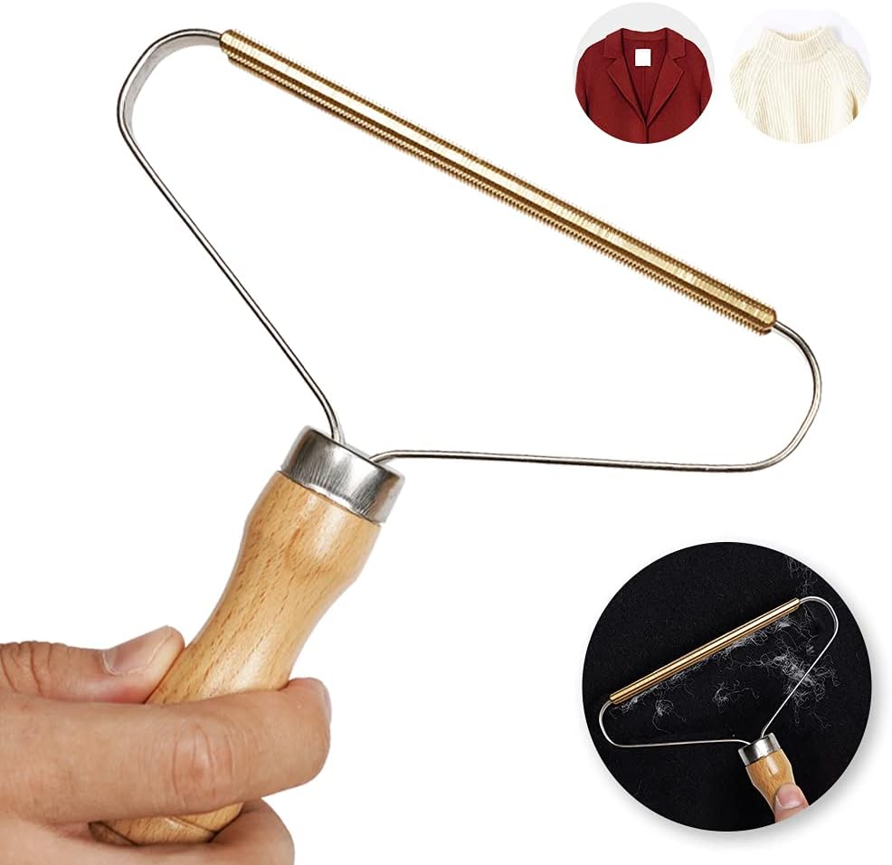 Portable Lint Remover,Lint Roller,Manual Clothes Fuzz Shaver with Long Wooden Handle Restores Your Clothes and Fabrics,Reusable Double Hair Remove Brush for Carpet,Knitted,Pet Hair