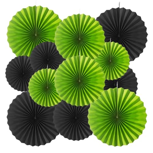MOWO Black Green Paper Fans Hanging Decoration, 12pc