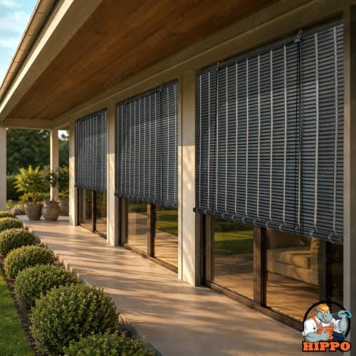 Image of HIPPO Bamboo Curtains - W-3FTXH-7FT Rope Mechanism Roll Up Down Indoor Bamboo Shade for Sun & Dust Protection for Home Window, Balcony, Restaurant, Hotel, Resort (Charcoal-Grey)