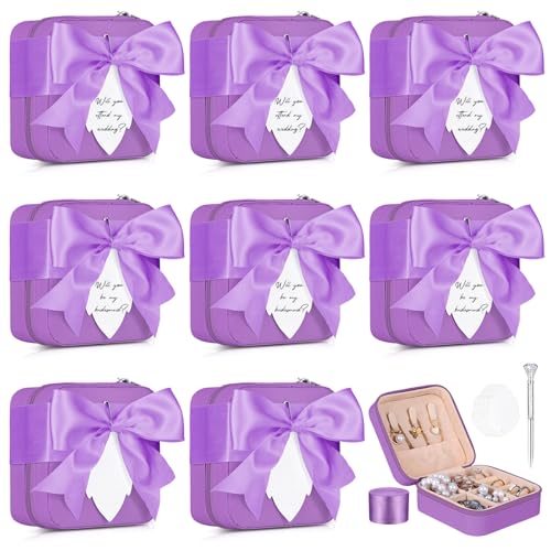 DDETYM 8 Pcs Bridesmaid Proposal Jewelry Box Bridesmaids Proposal Gift Boxes Jewelry Travel Case with 8 Message Cards,8 Pins,Women Bridesmaids Wedding Gifts Earring Ring Accessories Storage Organizer