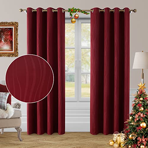 HOMEIDEAS Burgundy Red Blackout Curtains 52 X 84 Inch Length Wave Line Embossed Grommet Room Darkening Thermal Insulated 2 Panels Window Drapes for Living Room Bedroom