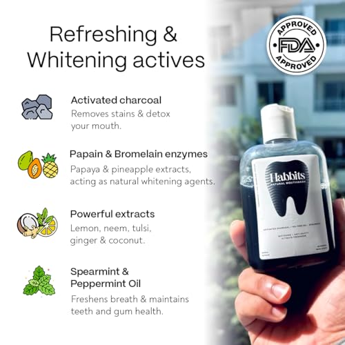 Image of Habbits Natural Oral Care Bundle | Charcoal Mouthwash + Teeth Whitening Powder + Copper Tongue Cleaner + 2 Biodegradable Toothbrushes | Vitamin Enriched SLS & Fluoride Free | FDA Certified | Combo Pack of 4