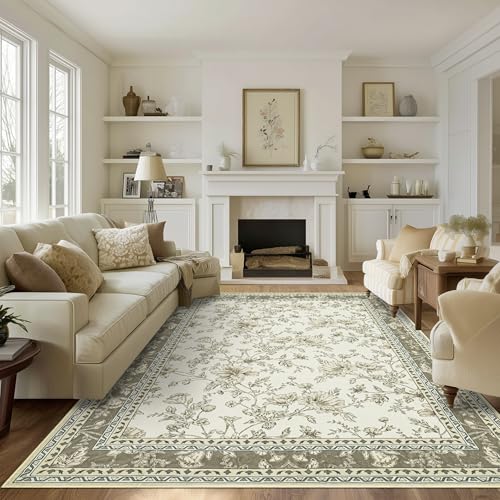 Dining Room Rugs for Under Table 7x9 Taupe Beige with Washable Low Pile