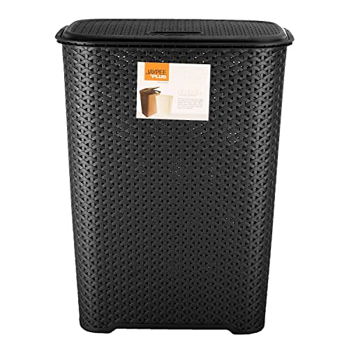 65L Large Drop-All Plastic Rattan Style Laundry Basket with Hinge Lid Durable Storage Bin for Clothes Home Organization Easy Carry Handles Ideal for Laundry Room Bedroom or Bathroom (1, Black)